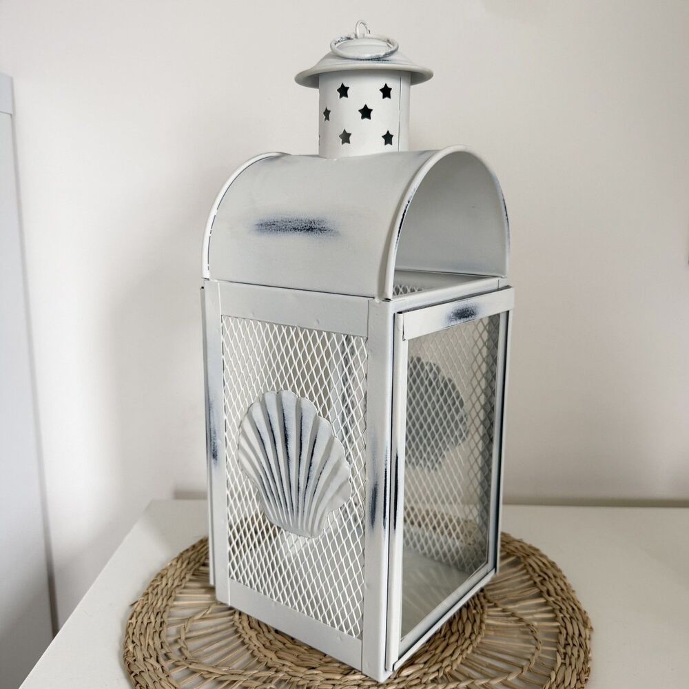 Rustic Distressed Coastal White Metal Candle Lantern with Seashell Accent